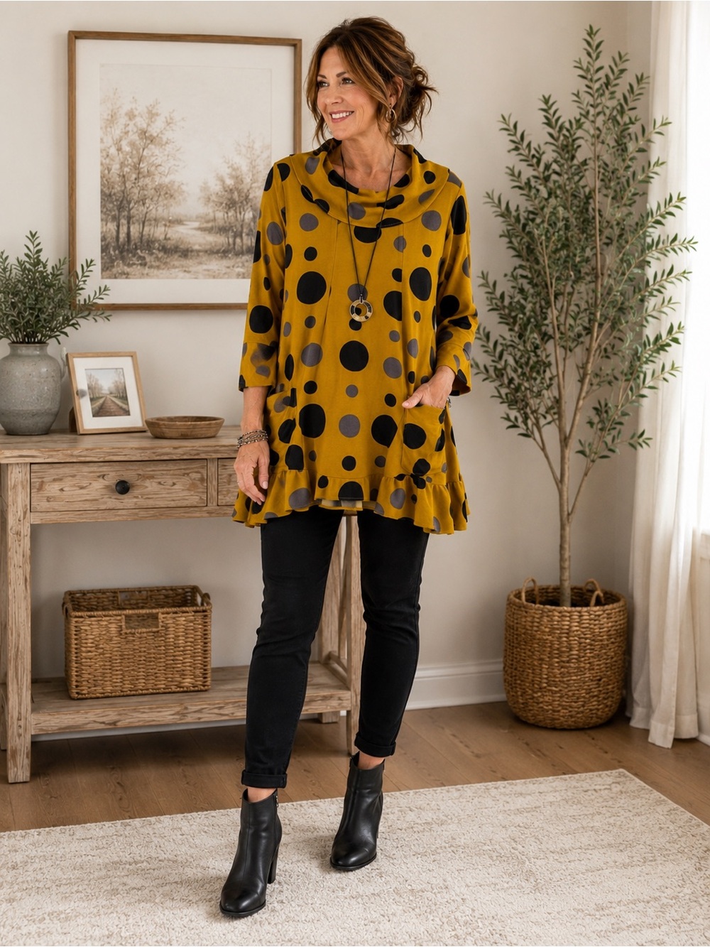 Moonlight Mustard Polka Dot Tunic Top L Cowl Neck Boho Pockets Made in USA